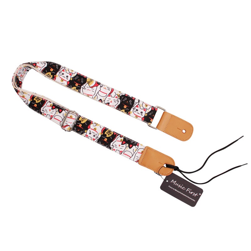 MUSIC FIRST Original Design â€œFortune Cats (Maneki Neko)â€ Soft Canvas & Genuine Leather Ukulele Strap Ukulele Shoulder Strap - Image 3